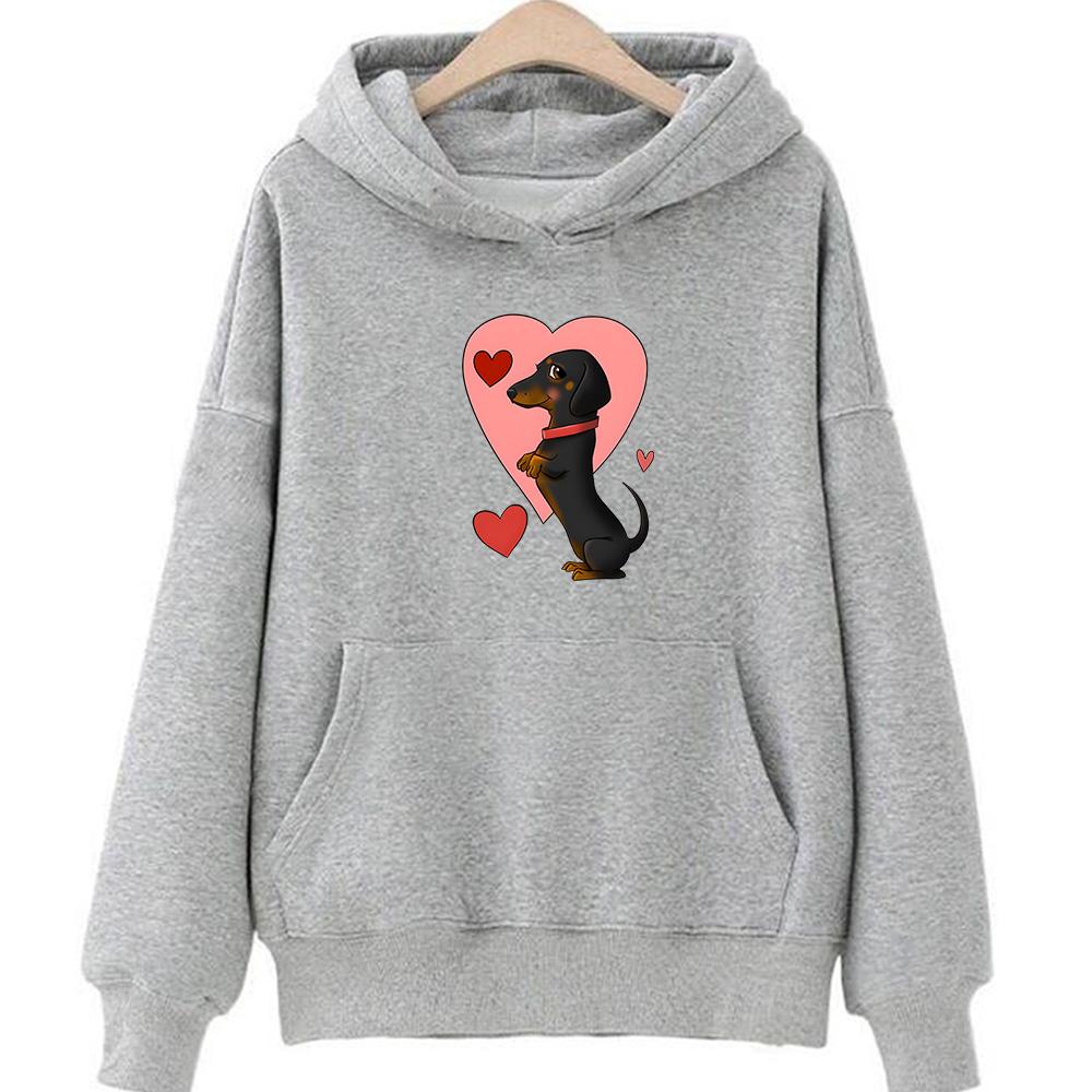 Kapuzenpullover mit Dackel-Grafik, niedlicher Tierdruck, Kleidung für Damen, liebevolle Kapuzenpullover, Herbst/Winter, Fleece-Sweatshirt, Unisex-Kapuzenpullover