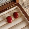 Baroque Red Color Square Stud Earring for Women French Romantic Resin Geometric Zircon Christmas Girl Gift