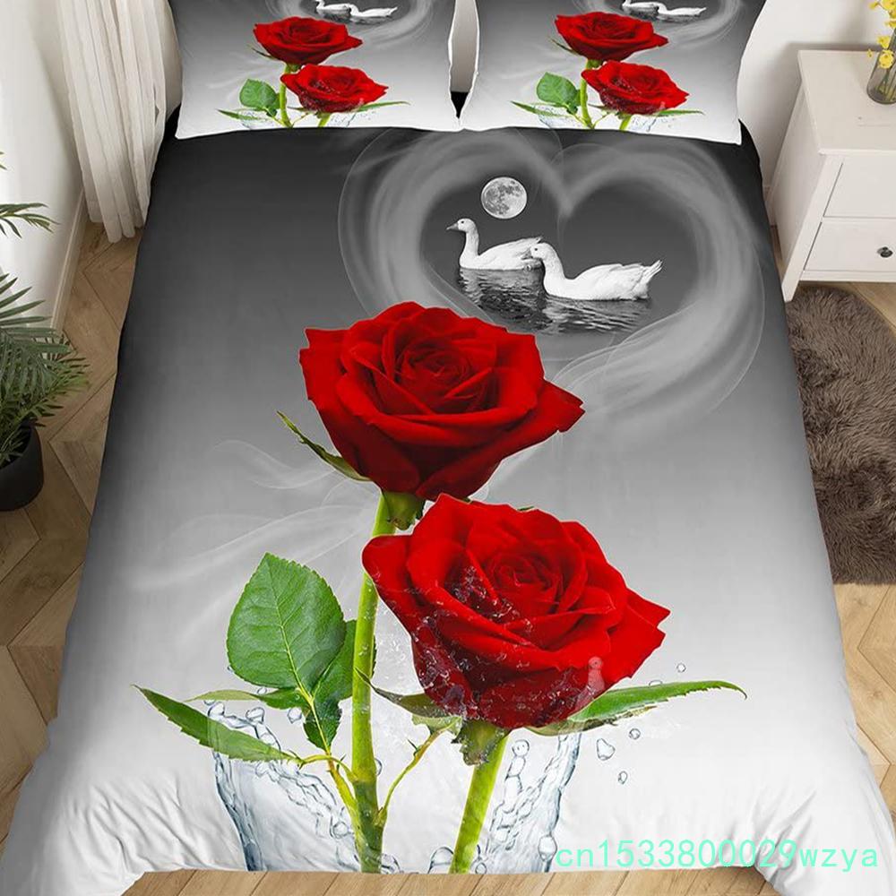 Romantisches Bettbezug-Set mit Schwanenmotiv, Kingsize, Wildtier-Bettbezug, Schmetterlings-Blumenmuster, Bettwäsche-Set für Valentinstag, Hochzeitsdeko
