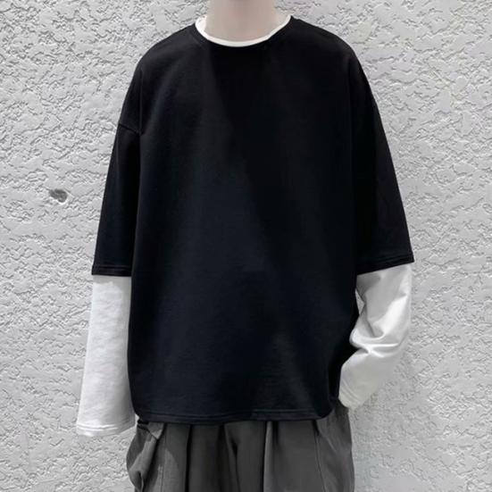 Men T-shirt Fake Two Pieces Long Sleeves O Neck Contrast Color Sweatshirt Warm Casual Plus Size Soft Hip Hop Men Top for School