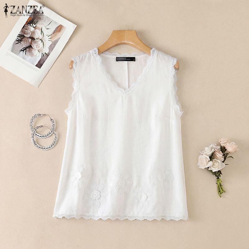 ZANZEA Women Lace Splice V-Neck Casual Sleeveless Tank Tops