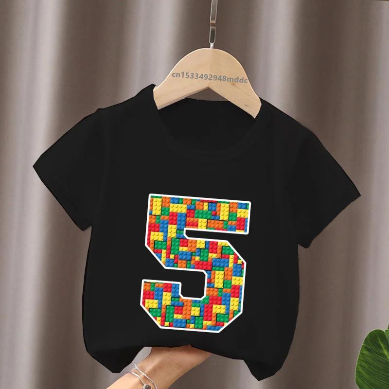 Cartoon Building Blocks Bricks Print Kids TShirt Number Tees for Boys And Girls Funny Birthday Baby Top 29 Years