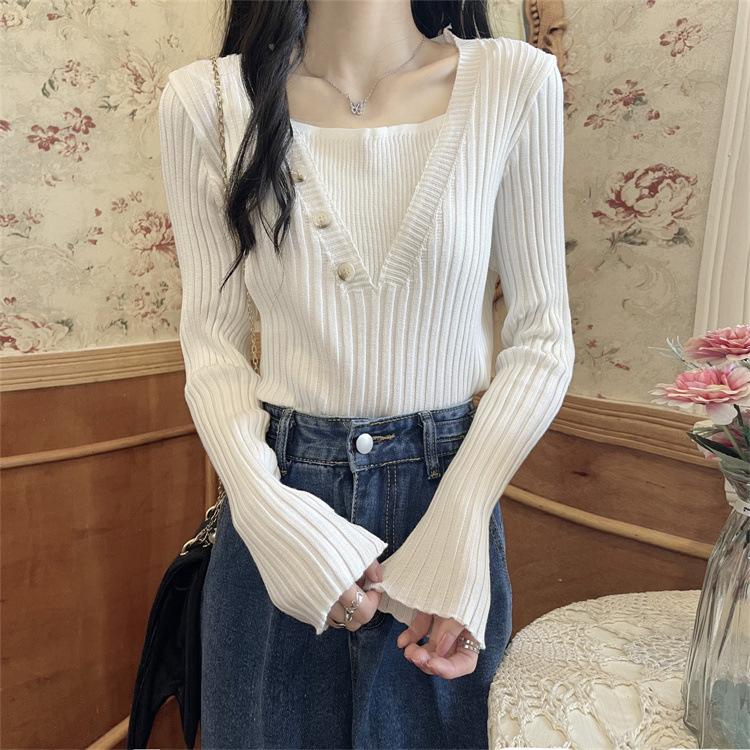 Fake two-piece knitted sweater women's autumn and winter 2025 new slim-fit versatile gentle wind square neck sweater