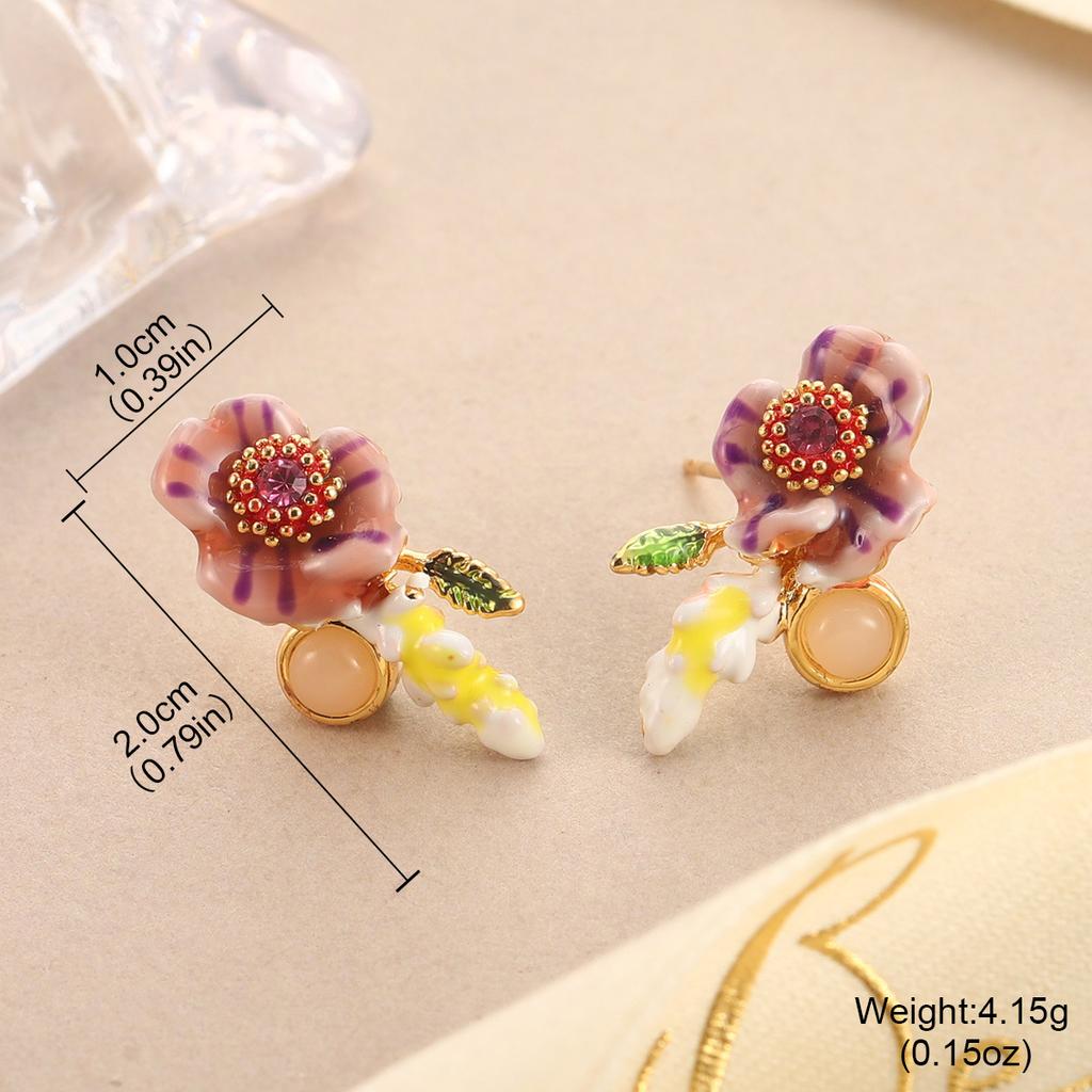 Korean version of simple Mori oil painting earrings, small fresh diamond-set flowers S925 silver needle dripping oil does not fade, sweet earrings