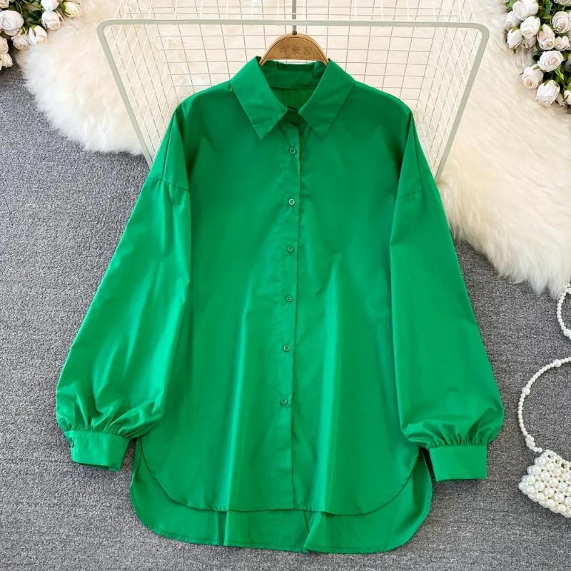 Elegant Simple Plus Size Casual Women's Shirts Spring and Autumn Loose Lantern Sleeve Cotton White Blouses Women Button Up Solid Shirt Top S-5XL 26032