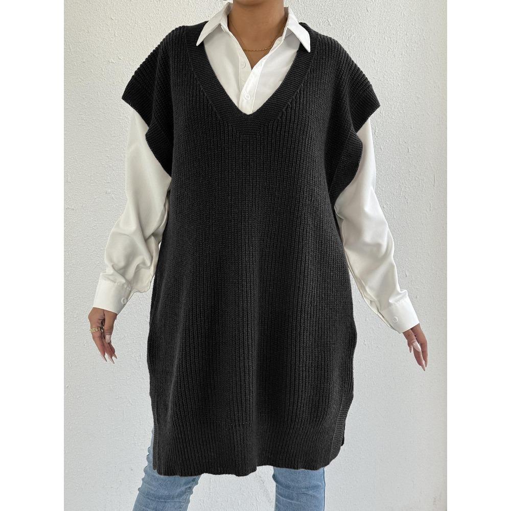 A Lady's Long Waistcoat, Deep V Loose Casual Sweater, Vest Dress