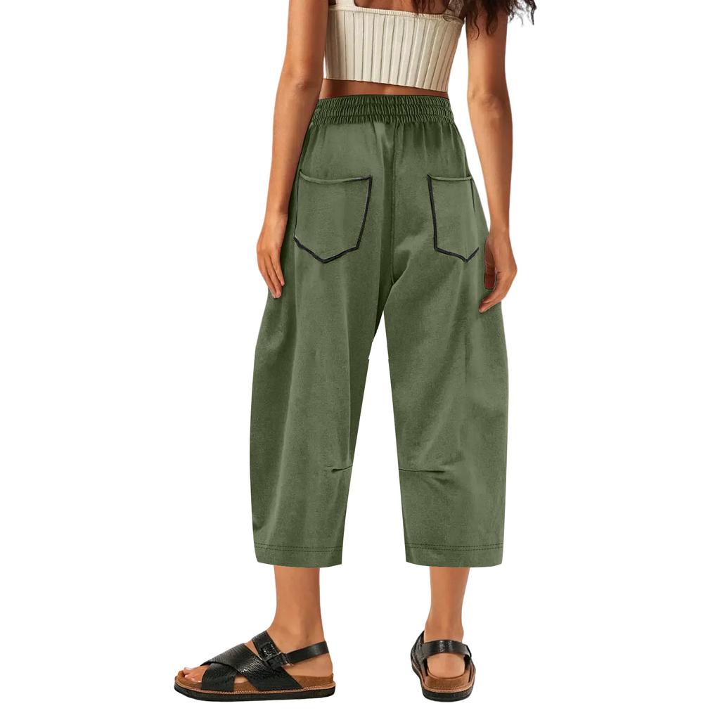 Women’s Loose Fit Cropped Wide Leg Pants with Elastic Waist and Multiple Large Pockets for Casual Everyday Wear