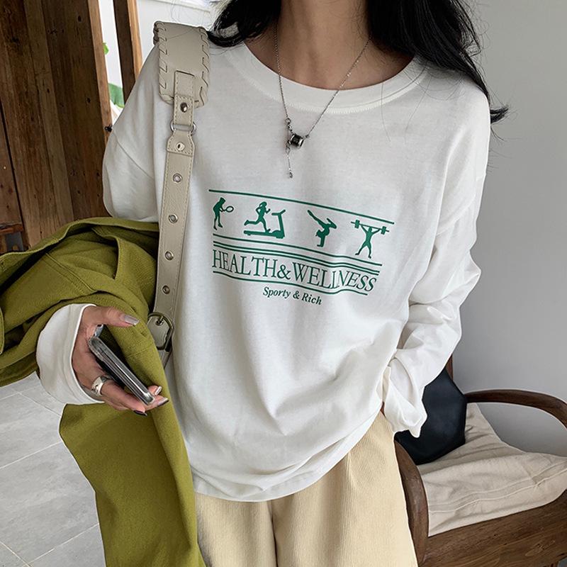 

2024 Осень/Зима Женская Свободная Белая Приталенная Хлопковая Футболка с Длинным Рукавом и Принтом Букв - Корейский Стиль Тренд M (Recommended 45-55 kg)