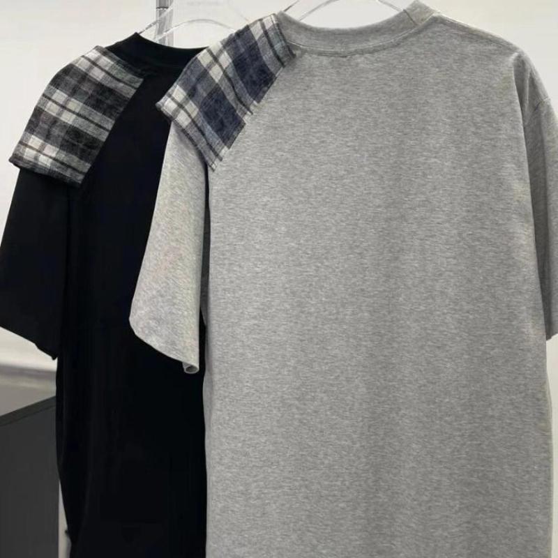 Checker Splicing Short Sleeve T-shirt for Women Loose Cotton Round Neck T-shirts Korean Style Lady's Summer Pullover Tee