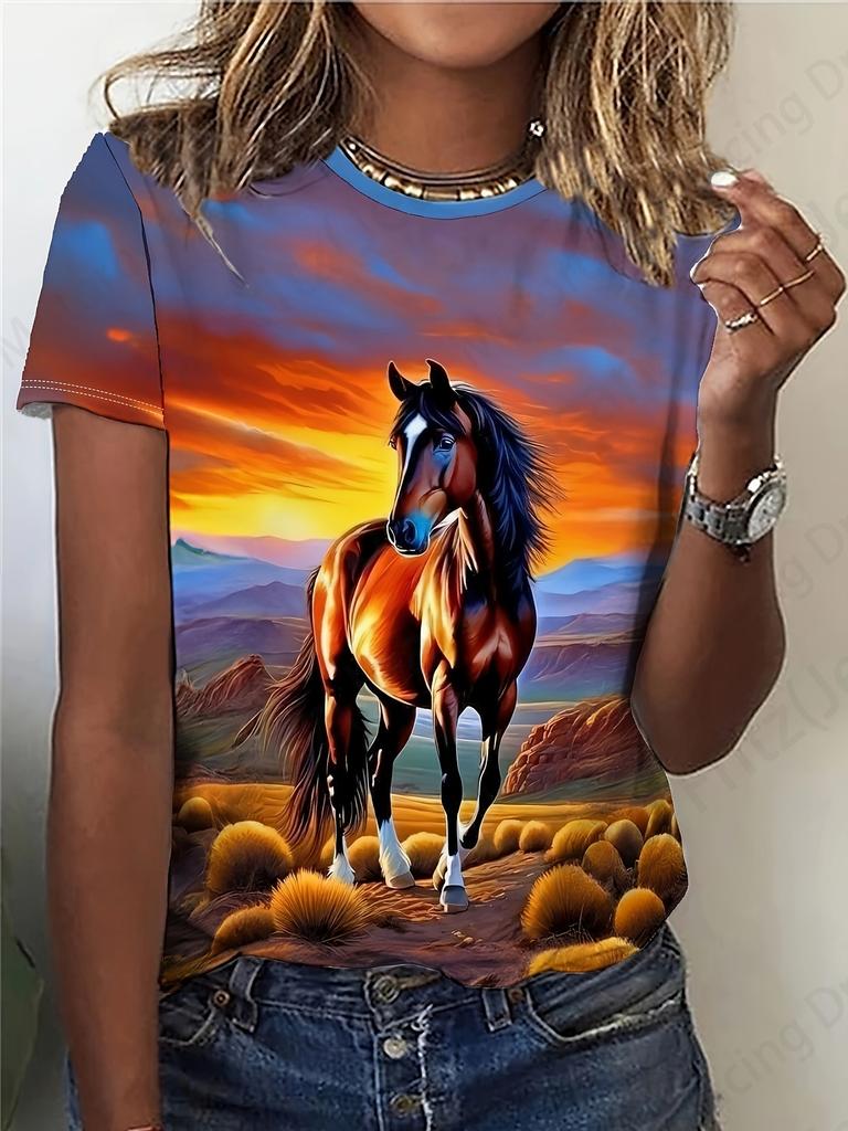 T-shirt d'été vintage pour femme avec imprimé cheval en 3D, t-shirt tendance pour femme, col ras du cou, manches courtes, hauts pour enfants, t-shirts animaux