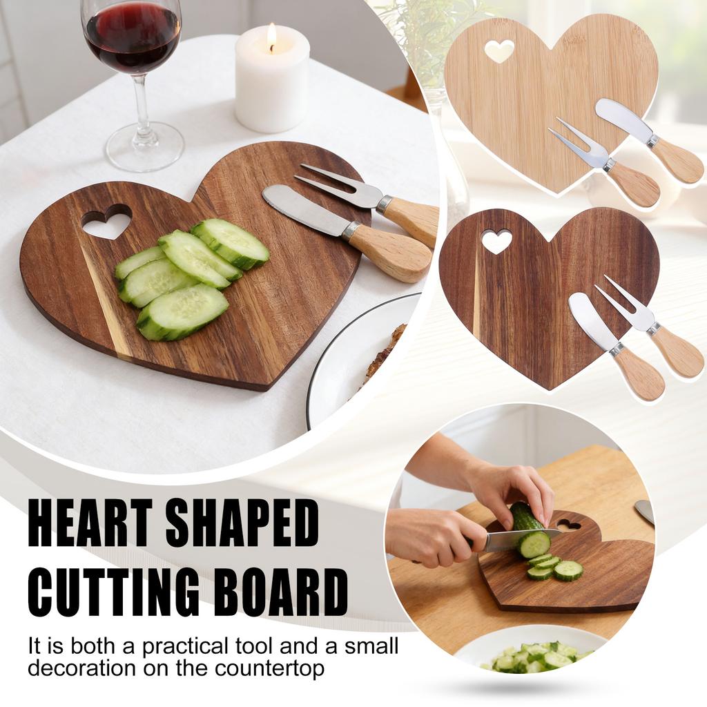 1 Set Heart Cheese Board: Wood Cheese Board - Charcuterie Tray For Dessert Serving With Cutter Fork