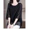 New Chiffon Shirt Solid Color Women's Mid-sleeve T-shirt Round Neck Loose French Top Trendy