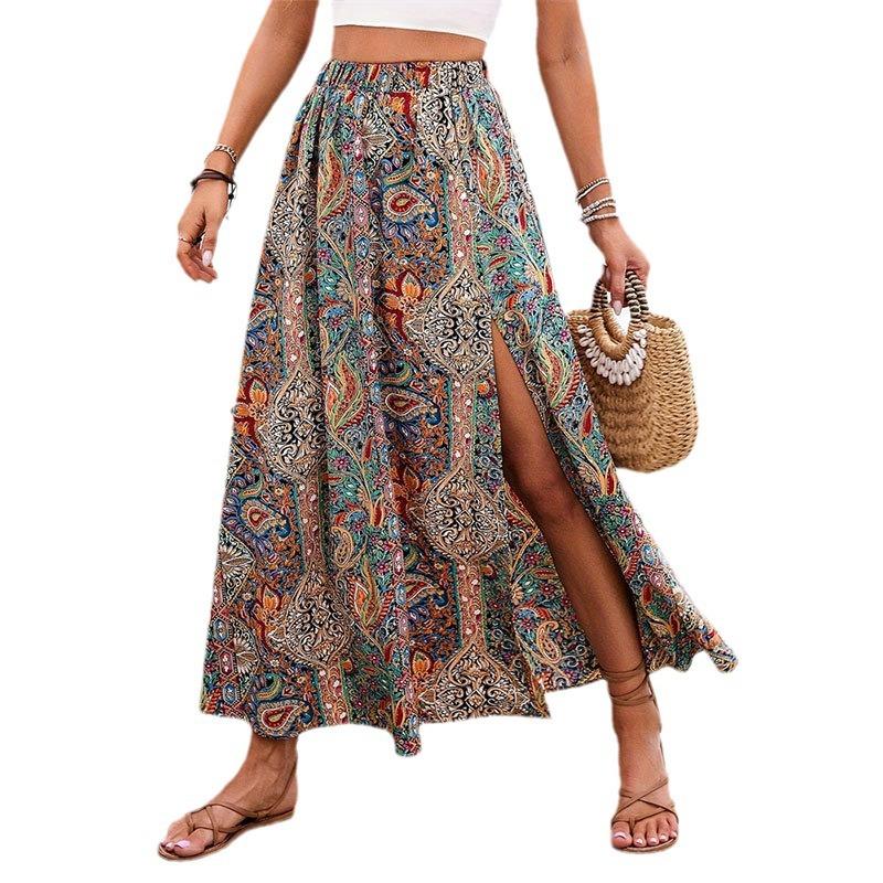 ins cross-border celebrity style personalized printing slit a-word skirt spring and summer high-end foreign trade women's clothing skirt skirt skirt
