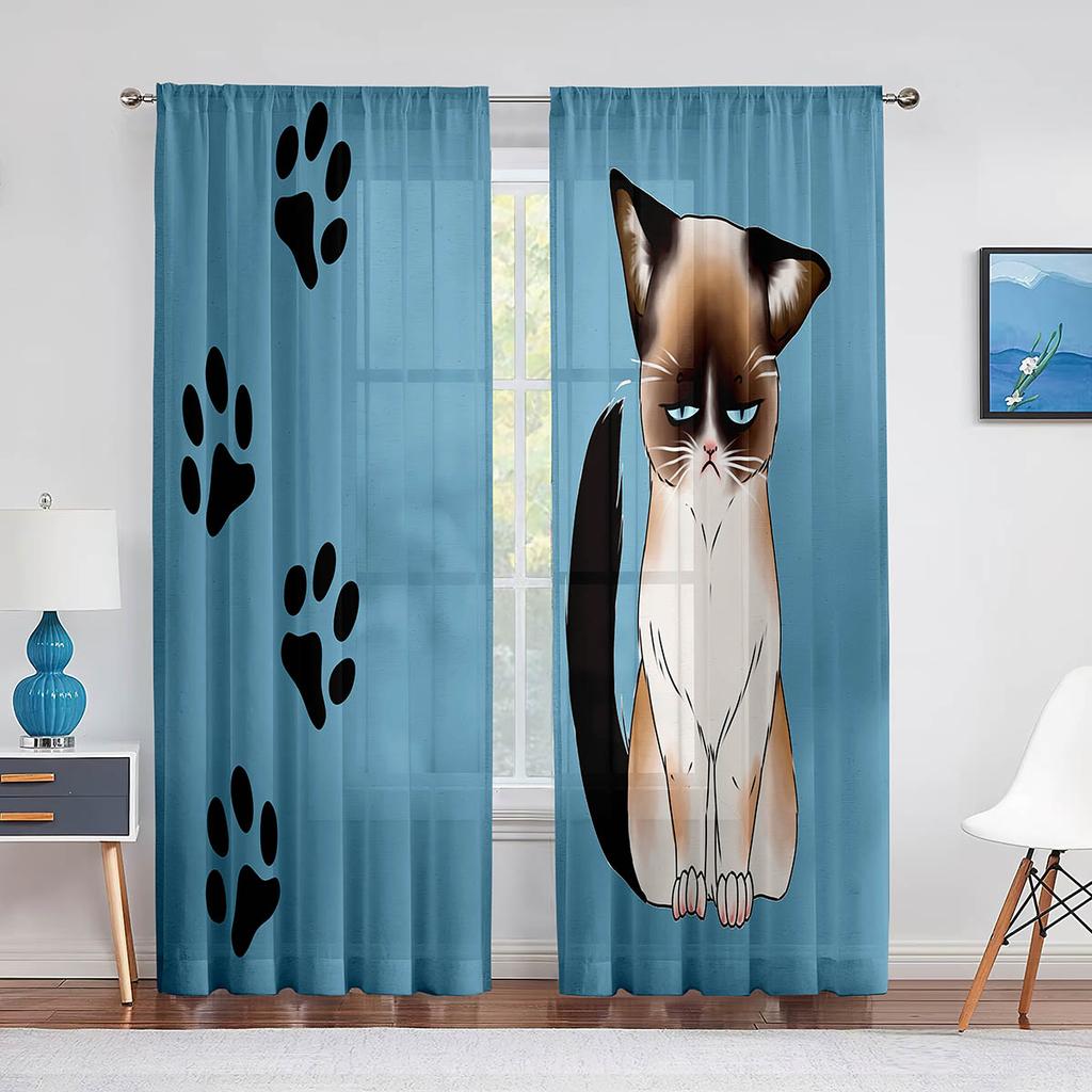 Lustige Cartoon Katze Tüllvorhänge für Wohnzimmer Schlafzimmer Dekoration Niedliche Kätzchen Tier Farbe Chiffon Transparent Voile Fenstergardine