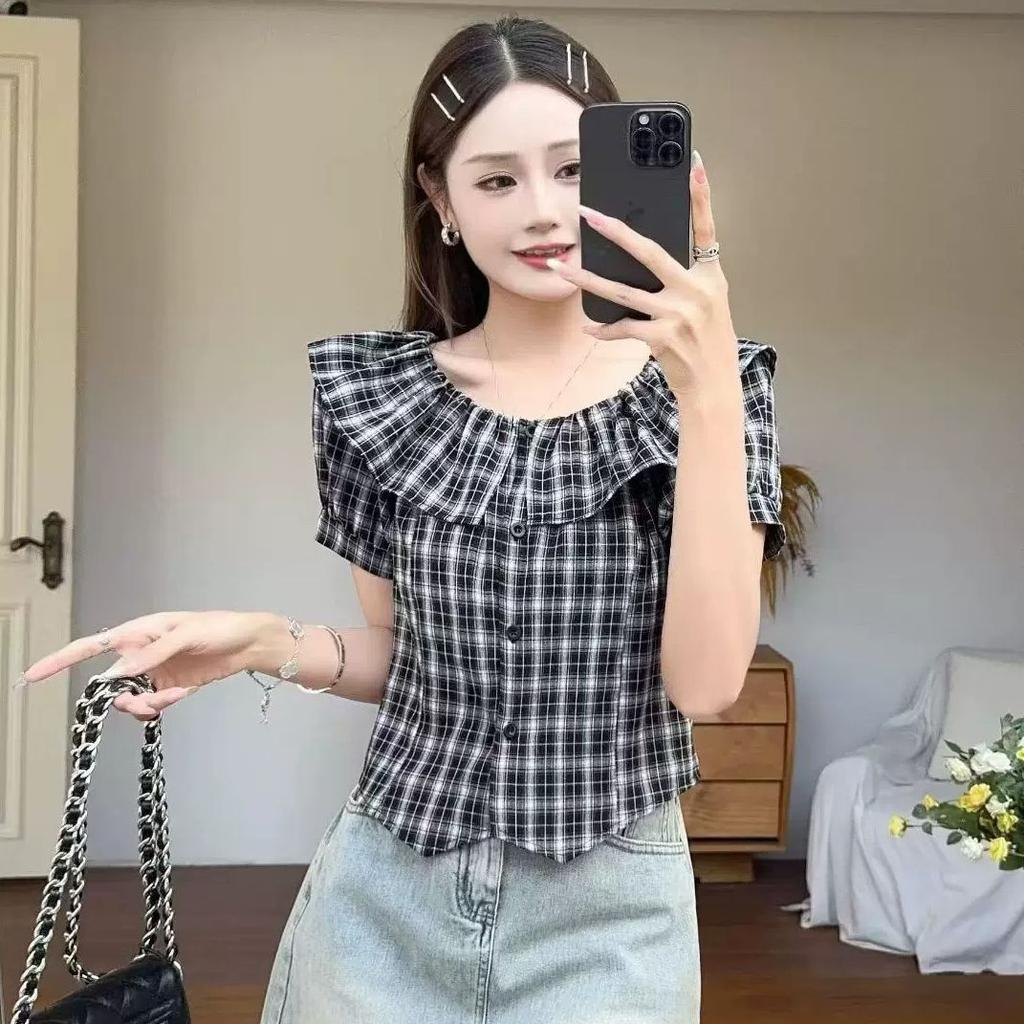 Französisches Retro-Karomuster One-Shoulder Kurzarmhemd Damen Sommer Große Größe Fette MM Design Rüschenrand Schlankes Oberteil