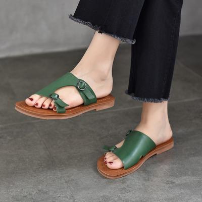 Pantofole piatte retrò in vera pelle con punta rotonda, colori solidi, suola morbida, da donna, da esterno
