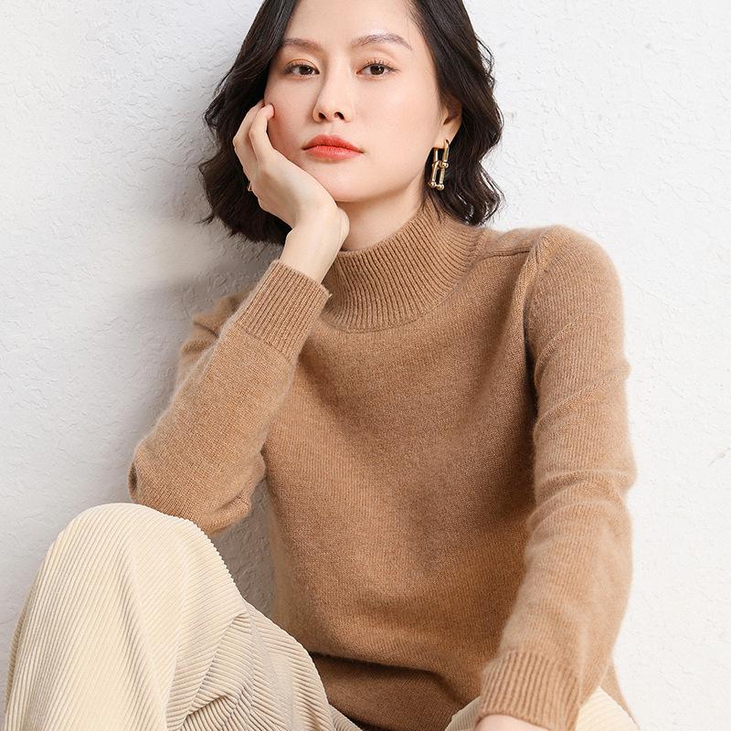 Women's 100% Wool Thickened Saddle Shoulder Sweater – Soft and Warm Half-High Neck Knitwear for Autumn and Winter