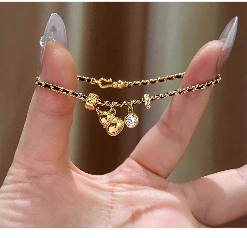 Elegant Chinese Gourd Black Rope Bracelet: Women's Luxury Red Rope Hand Jewelry