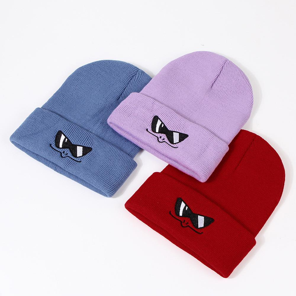 Funny Cartoon Sunglasses Knit Hat Autumn Winter New Embroidered Woolen Knit Hat Warm Female Trend