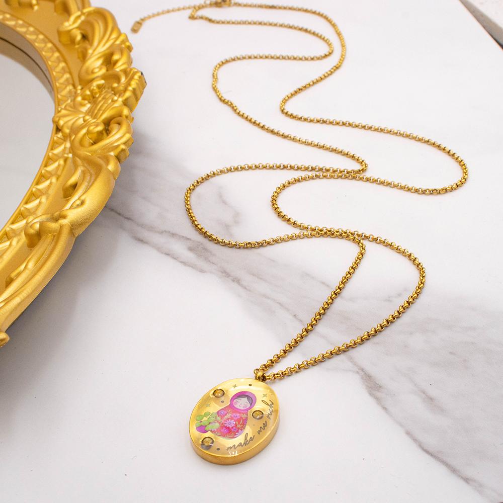 Minimalism Style Gold Color Titanium Steel Round Pendant Bead Chain Necklace Unisex Jewelry Accessories