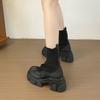 2025 autumn new thick-soled elastic boots women's British style splicing bow muffin bottom thin boots Martin boots