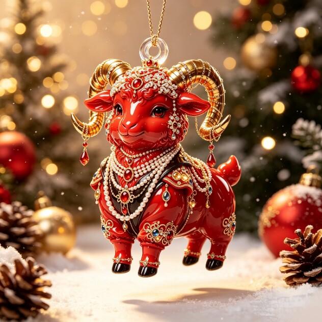2D Flat Acrylic Hanging Ornament Red Gold Winged Goat Acrylic Pendant Christmas Tree Decoration Lunar New Year Holiday Gift