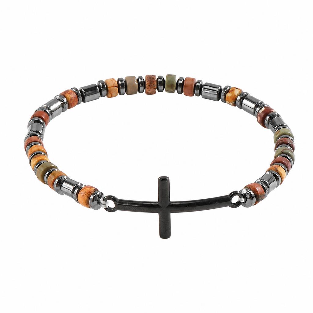 Go2boho Beaded Bracelet with Cross Charm, Black Gun Plated Multicolor Beads, Religious Unisex Gift Jewelry
