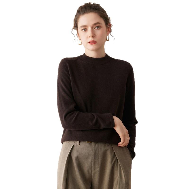 Women's Cashmere Sweater - Shoulder Pad Half-High Collar Knit Pullover for Autumn/Winter