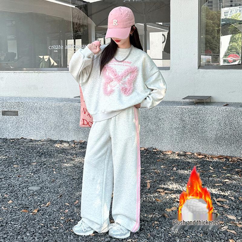 Girls' Spring/Autumn 2025 Sweatshirt & Wide-Leg Sweatpants Set - Stylish Casual Two-Piece for Medium & Large Children