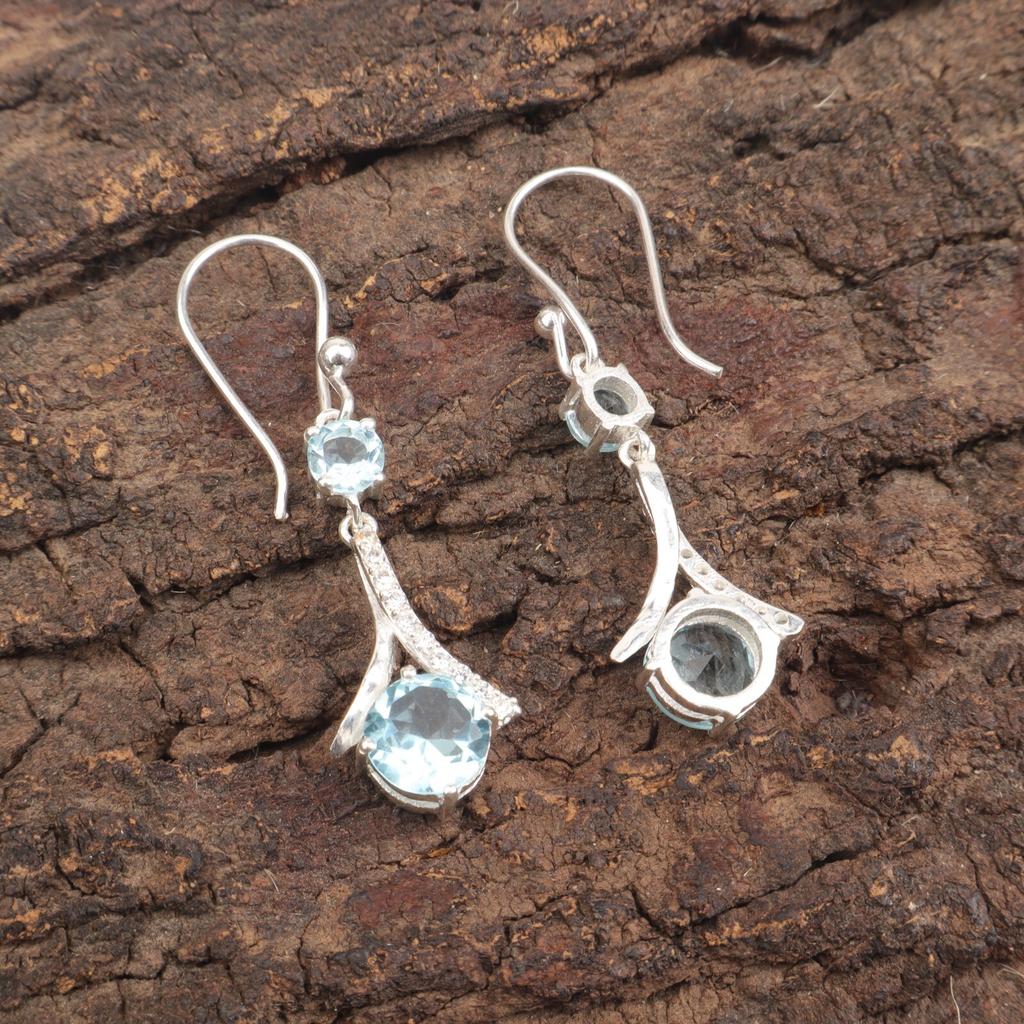 Sky Blue Topaz Gemstone 925 Solid Silver Jewelry Zircon Earrings 1.84" For Gift CZE-9-4