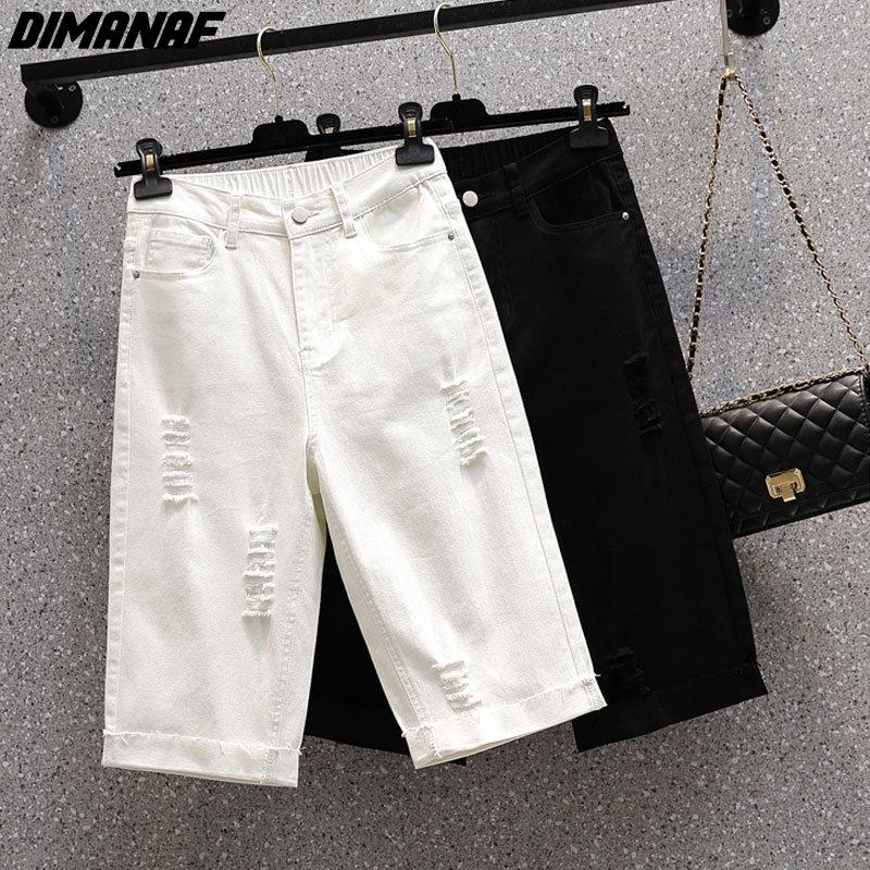 DIMANAF 2025 Taglie Forti Jeans Estivi Pantaloni Donna Pantaloncini Elasticizzati Larghi Casual Strappati Pantaloni Basic in Denim Bianco 5XL
