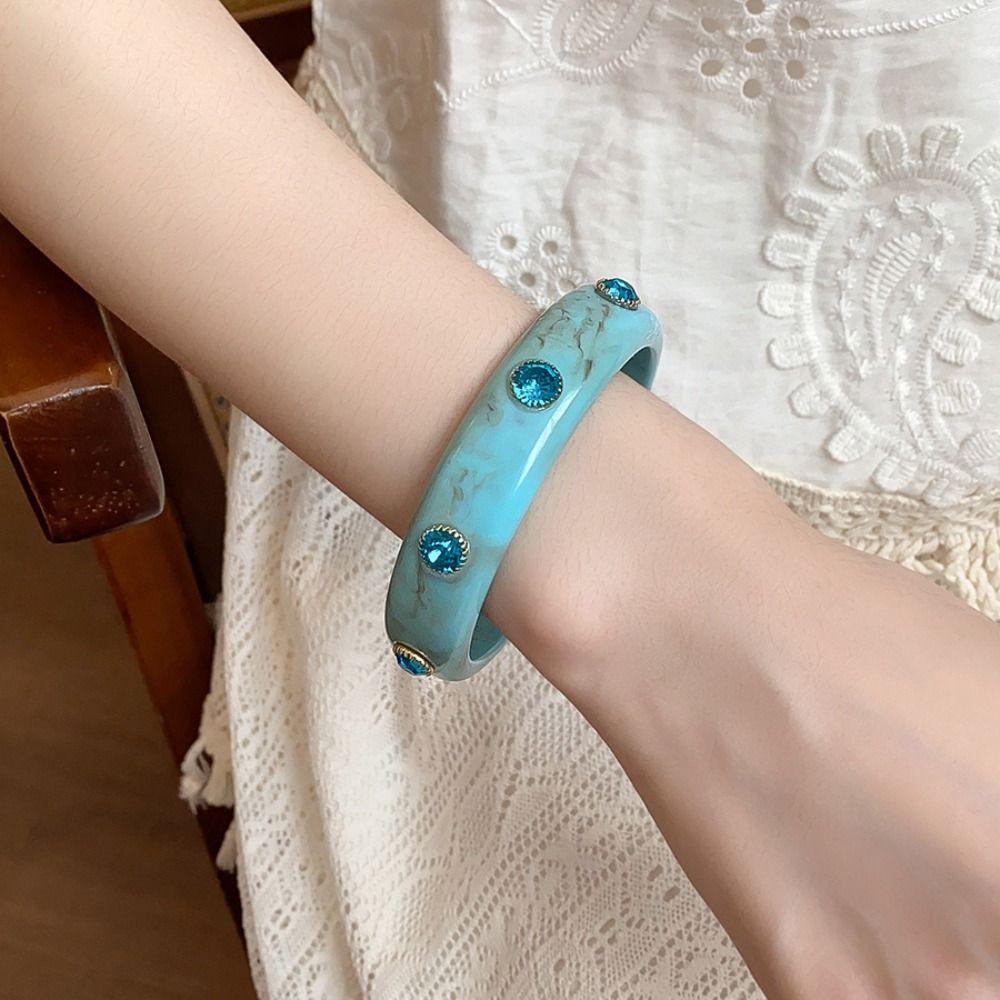 Zircon Rhinestone Colored Bracelet Bohemian Retro Hand Ring Unique Acrylic Bangle  Women