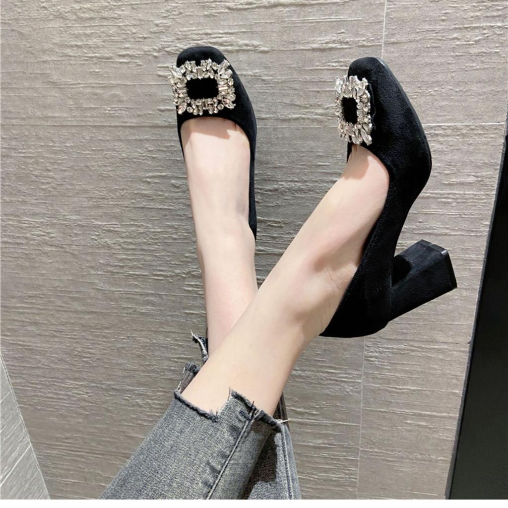French Rhinestone Square Head Thick Heel Single Shoes Women's 2025 Spring and Autumn New Fashion Versatile Soft Leather Shallow Mouth Temperament Mid