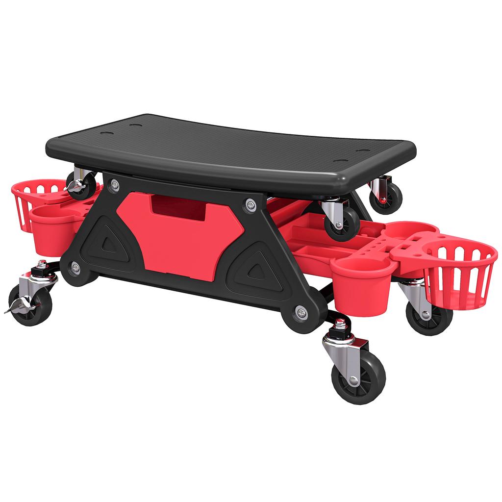 Rolling Mechanic Stool, 135kg Capacity Workshop Stool with 360 degrees Swivel Wheels, Roller Creeper Seat with Slide Out Tool Trays, Drawer