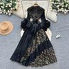European and American dresses for women's autumn straps, waist lapels, three-dimensional flowers, lantern sleeves, pleated long skirts