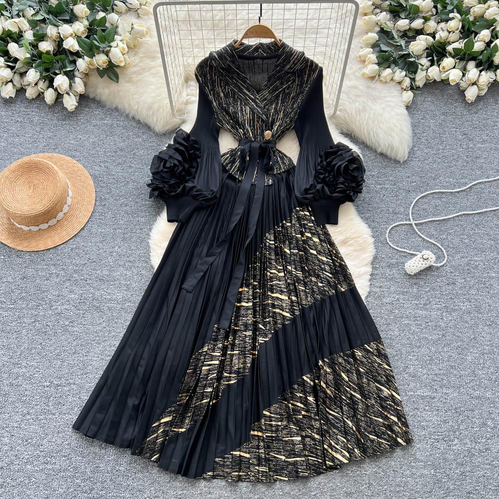 European and American dresses for women's autumn straps, waist lapels, three-dimensional flowers, lantern sleeves, pleated long skirts