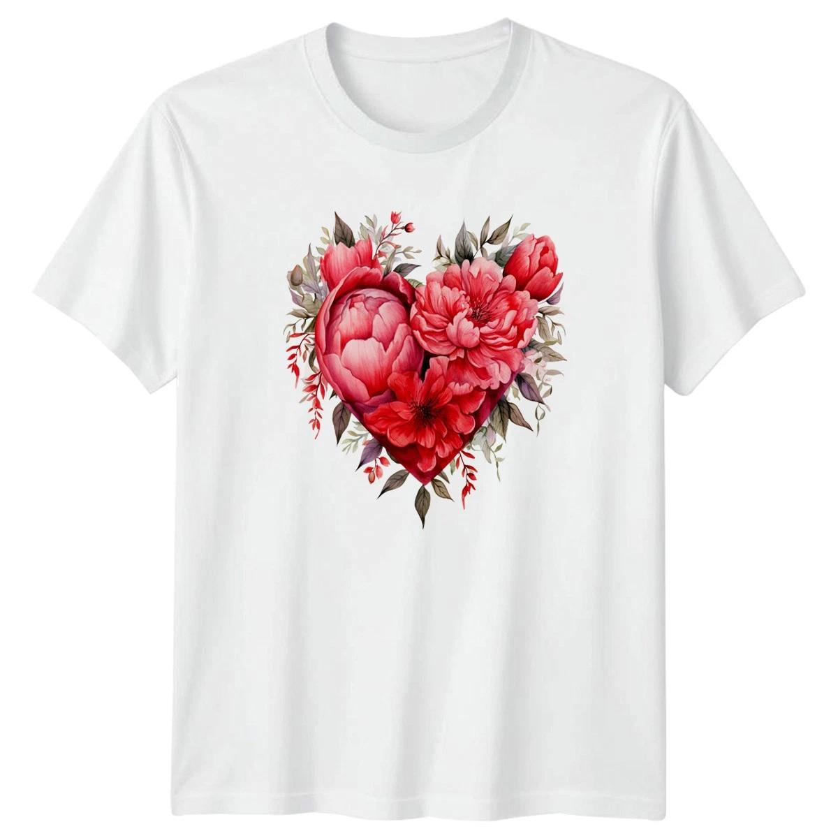 Red Floral Heart Valentines Day Mens T-Shirt Womens Tee Graphic Top XS