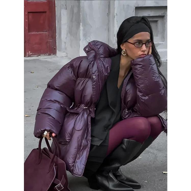 Winter Warm Burgundy Thicken Cotton Jacket Women Elegant Stand Collar Lace Up Pocket Zipper Coat Fashion Female Street Outerwear