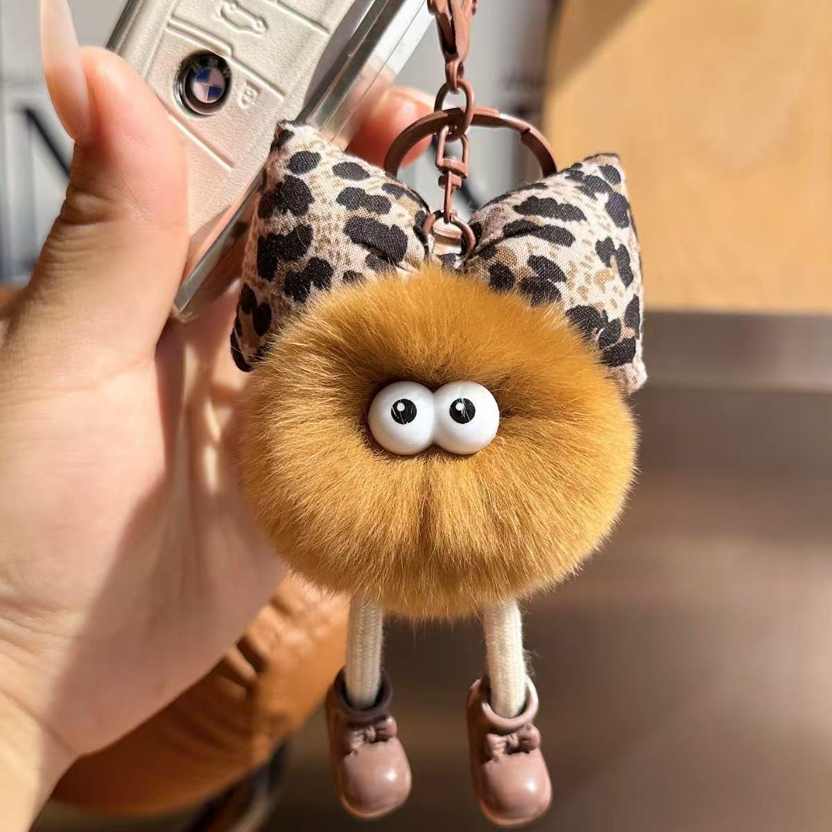 Rex Rabbit Fur Bow & Coal Ball Doll Keychain Pendant