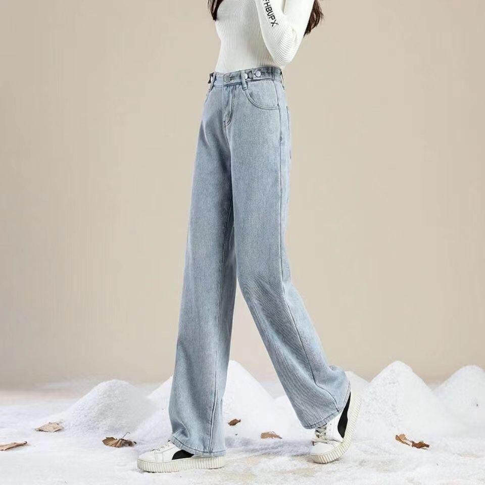 2025 Winter Women's High-Waisted Velvet Slimming Warm Wide-Leg Jeans