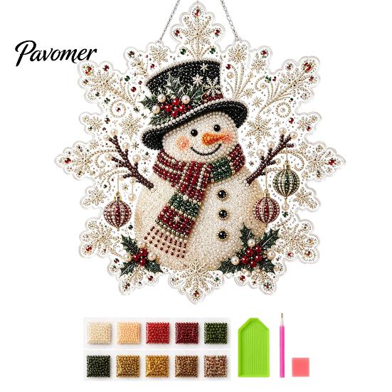 Acrylic Beaded Art Supplies Christmas Faux Pearl Painting Suncatcher Kit, Snowflake Shape Board Decorative Hanging Window with Lace Edge, 3D