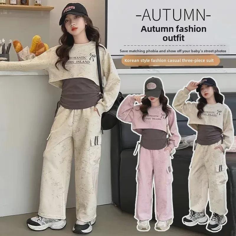 Dívčí sada podzimního oblečení: Mikina s dlouhým rukávem, overaly a sportovní oblečení s krátkým rukávem – 3dílné studentské oblečení