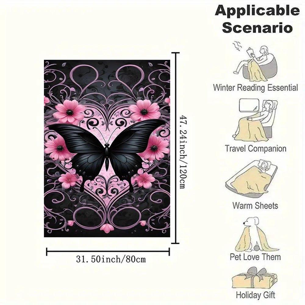 Schwarzer Schmetterling mit rosa Blumen Wandkunst DruckDecke Flanell Überwurfdecke für Sofa, Bett, Reise, Camping, Büro, Couch, Stuhl und Bett