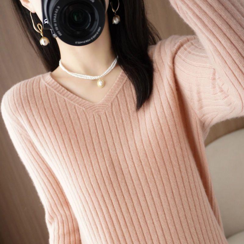 Women Sweater 2023 Autumn Winter Warm Pullover V-neck Stripe Slim Bottoming Shirts Long Sleeve Causal Korean Office Knit Jumper