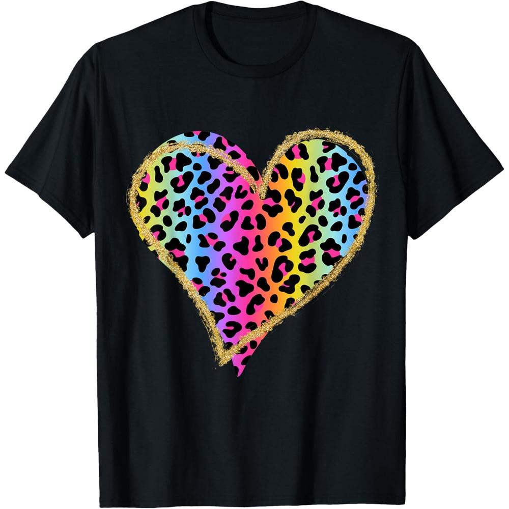 Love Cheetah Leopard Print Heart Valentines Day Girls Women T Shirt XS чёрный