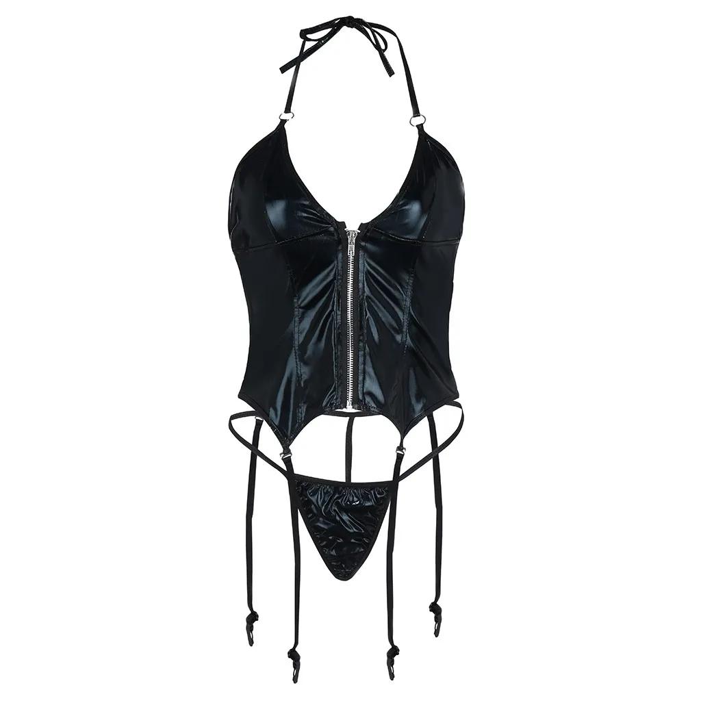 PU Latex Leather Sexy Lingerie Women Erotic Black Crotchless Halter Bodysuit with Panties Garters Exotic Set