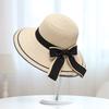 Women's Korean-style straw hat with large brim and bow, face-shading sun hat for outdoor beach use, UV protection, sun-proof straw fisherman hat