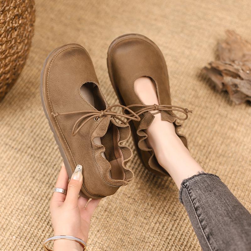 Spring and Autumn Vintage Inspired Soft Leather Martin Boots Lace-Up Casual Shoes for Women  Bootie with Solid Flats