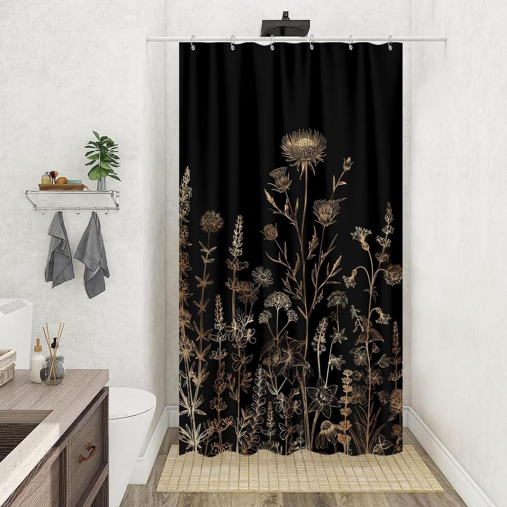 Vintage Boho Floral Shower Curtain, Cute Retro Bohemian Flower Botanical Aesthetic Decorative Shower Curtain Set with Hooks