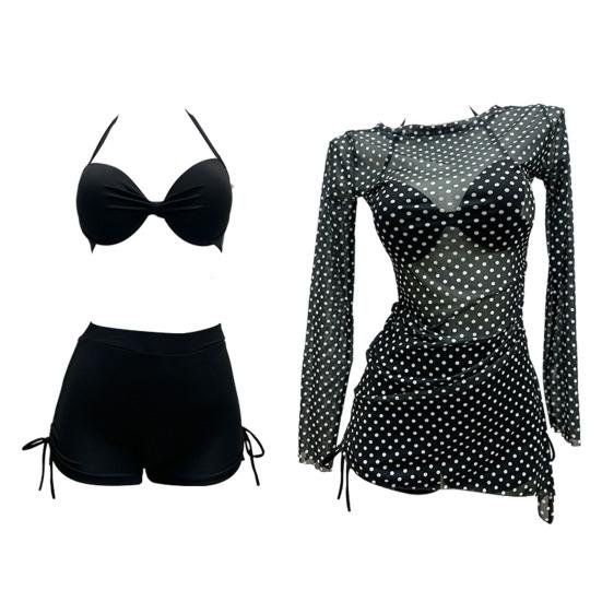 Set Costume da Bagno da Donna 3 Pezzi Set Reggiseno a Triangolo Imbottito con Supporto in Acciaio Pantaloncini da Bagno a Vita Alta Set con Copricostume Stampato a Pois Costumi da Bagno per le Vacanze